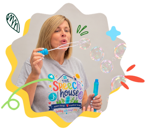Speech therapist blowing bubbles with a bubble wand, surrounded by colorful playful graphics.