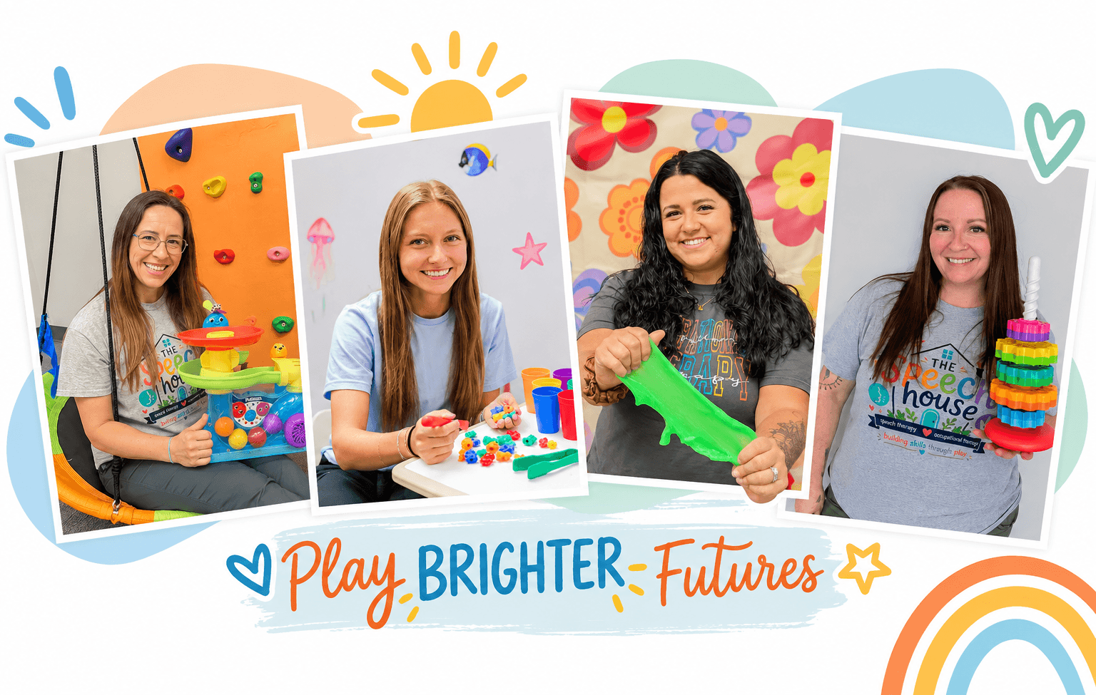 Collage of four women engaging in colorful play activities, with “Play Brighter: Futures” text and cheerful sun, hearts, stars, and rainbow graphics.